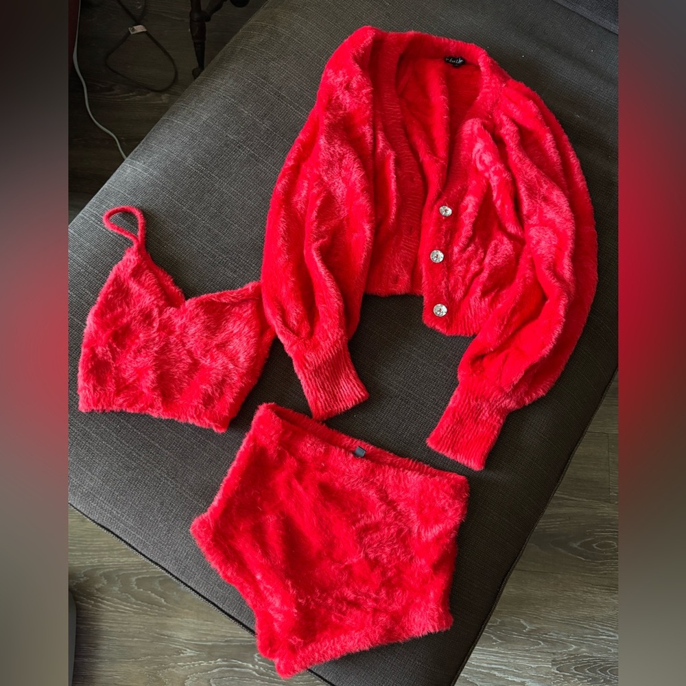 For Love & Lemons Three Piece Set - Bralette, High-Waist Brief & Cardigan